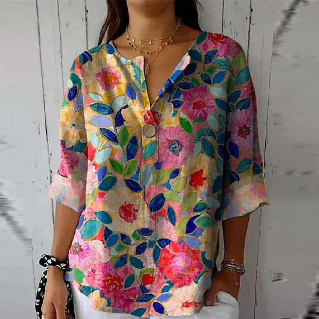 Blusa Donna Estiva Stampata con Scollo a V – Leggera e Casual con Maniche a 3/4