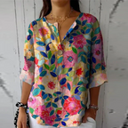 Blusa Donna Estiva Stampata con Scollo a V – Leggera e Casual con Maniche a 3/4