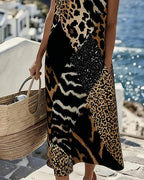 Abito Midi Shift con Blocco di Colore e Stampa Leopardata