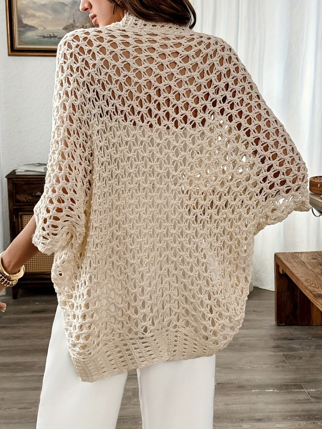 Cardigan Donna Traforato Leggero con Fronte Drappeggiato