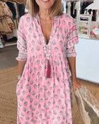 Abito Midi A-Line con Maniche a Lanterne e Scollatura a V