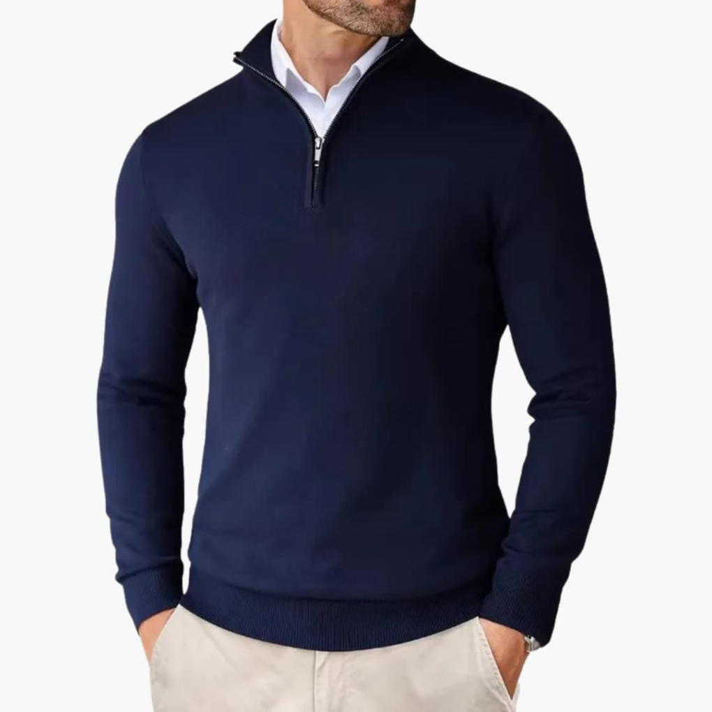 Pullover Uomo in Maglia con Quarto di Zip e Bordi a Coste