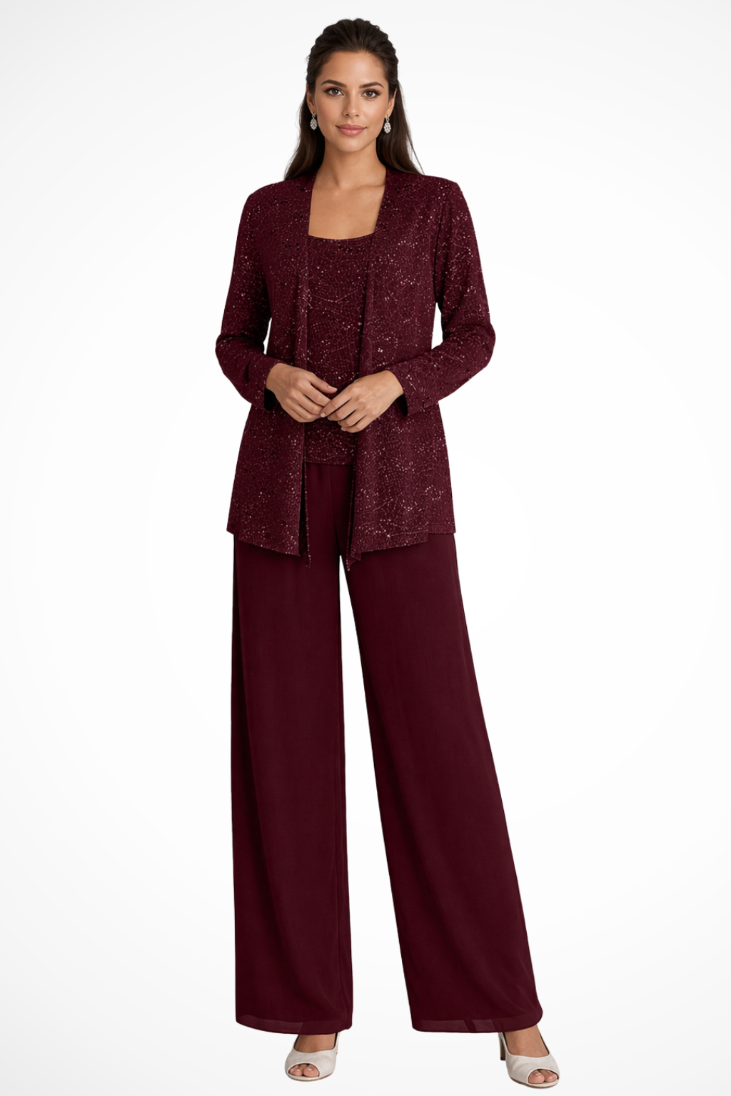 Ensemble trois pièces pour femme avec sequins et pantalon à jambes larges