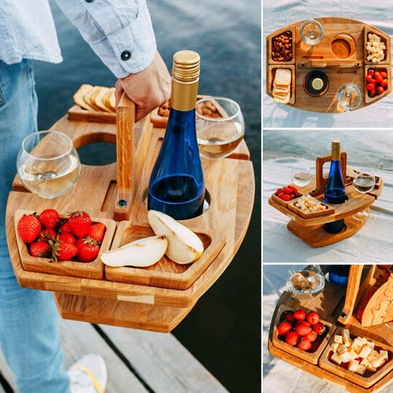 Tavolo da Picnic in Legno Flessibile – Tavolo da Servizio Pieghevole per Esterni con Supporti per Bicchieri e Bottiglie | Attrezzatura Ideale per Picnic in Spiaggia, Parco e Giardino