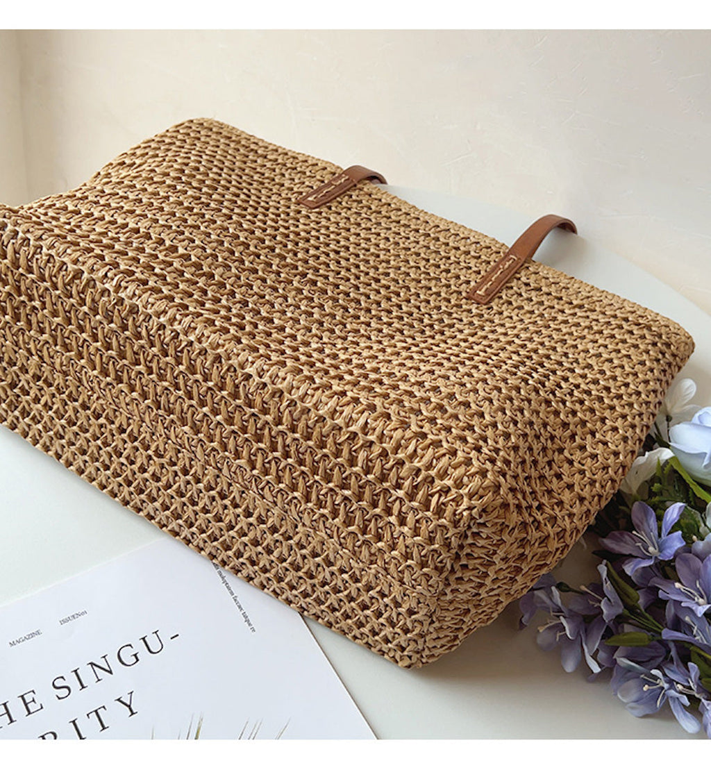 Elegant Riet Tote med Læderremme - SummerBreeze