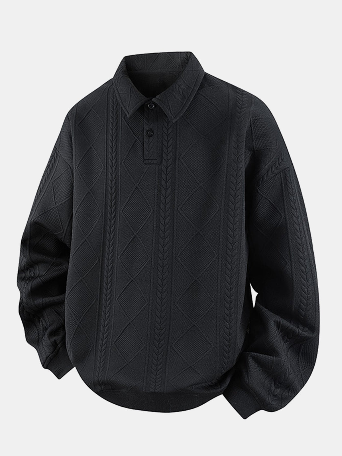 Sweat-shirt homme jacquard géométrique avec col polo – pull décontracté et élégant à manches longues