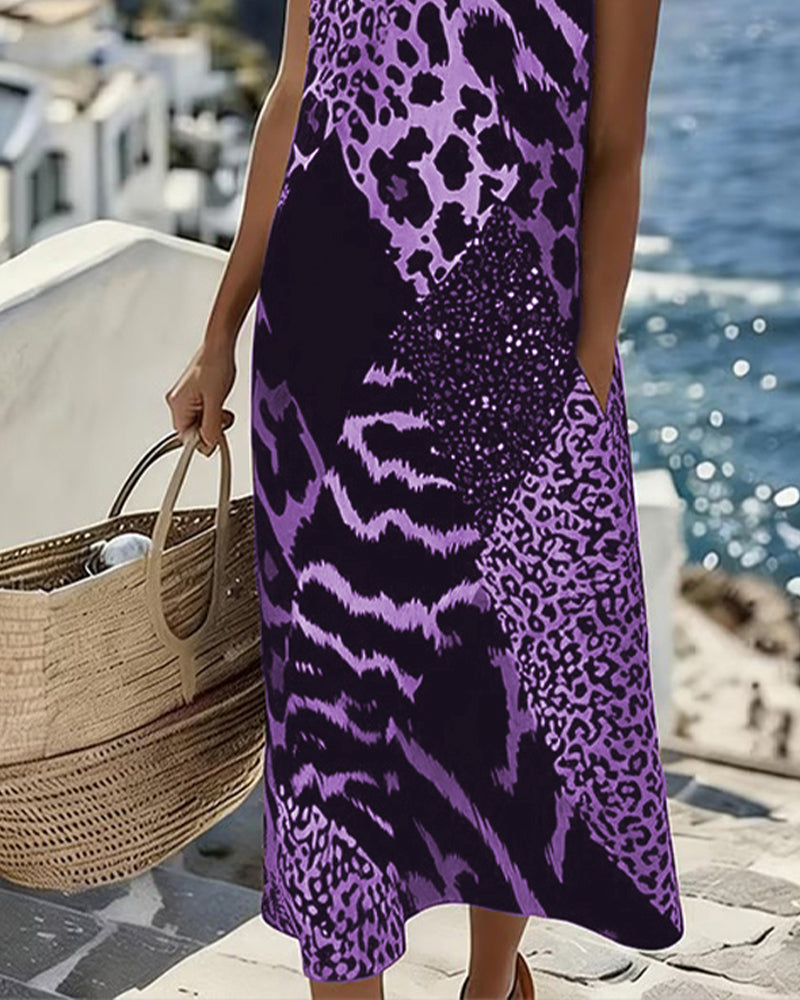 Abito Midi Shift con Blocco di Colore e Stampa Leopardata