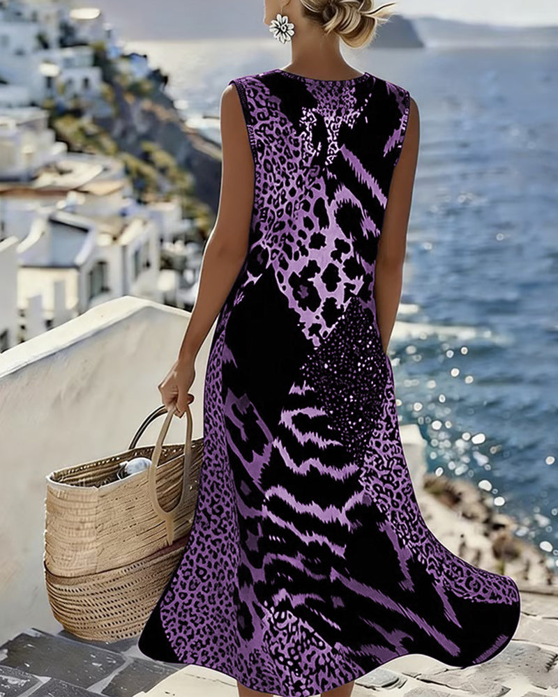 Abito Midi Shift con Blocco di Colore e Stampa Leopardata