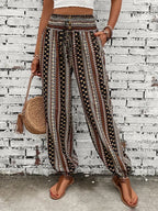 Pantaloni Boho Donna Stampati a Gamba Larga con Vita Elasticizzata