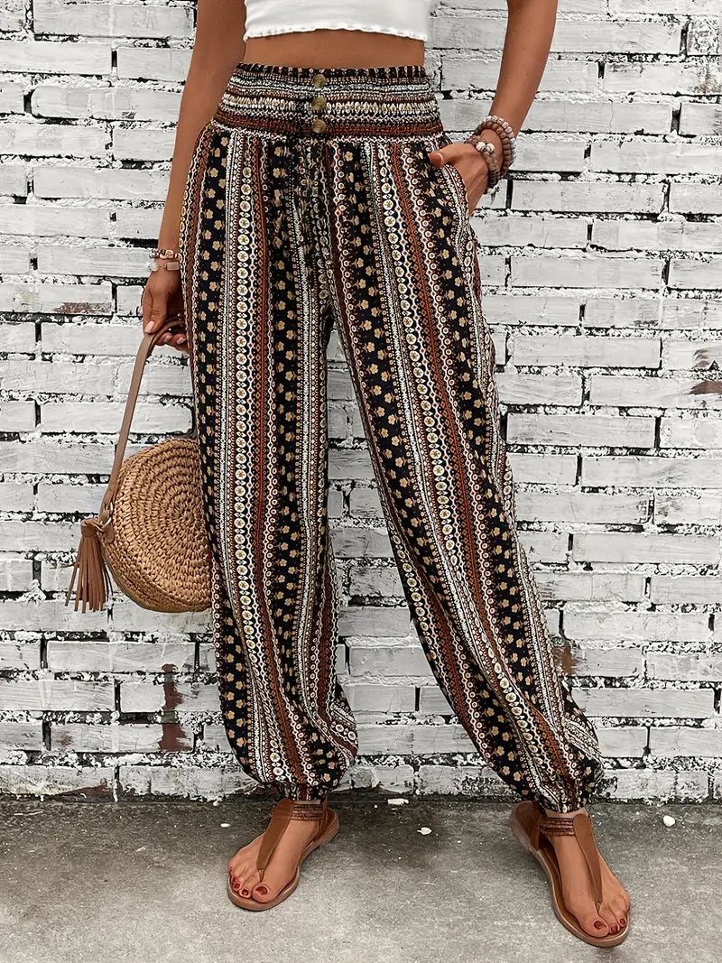 Pantaloni Boho Donna Stampati a Gamba Larga con Vita Elasticizzata
