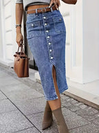 Gonna Midi Donna in Denim a Vita Alta con Bottoni Frontali