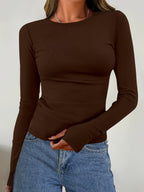 Pull côtelé fin pour femme avec col rond - Coupe ajustée et manches longues