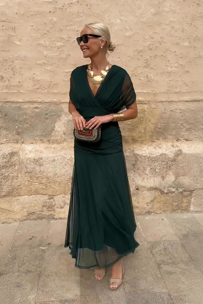 Abito Maxi Donna in Chiffon con Scollo a V Drappeggiato