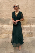 Abito Maxi Donna in Chiffon con Scollo a V Drappeggiato