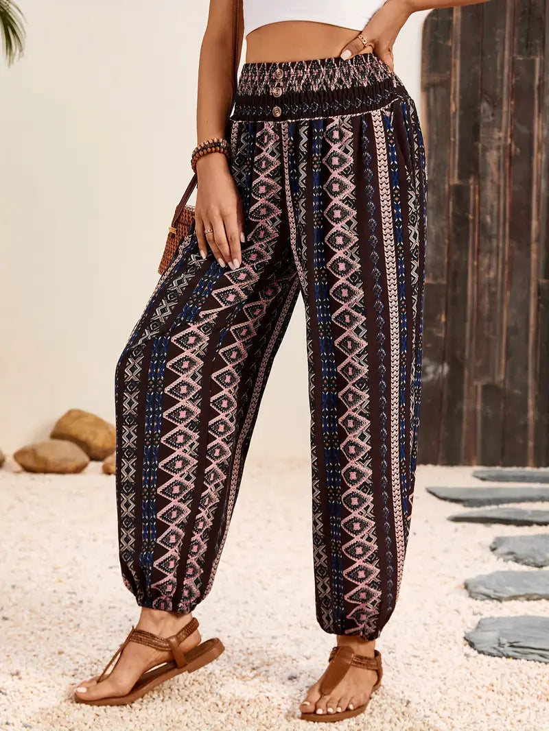 Pantaloni Boho Donna Stampati a Gamba Larga con Vita Elasticizzata