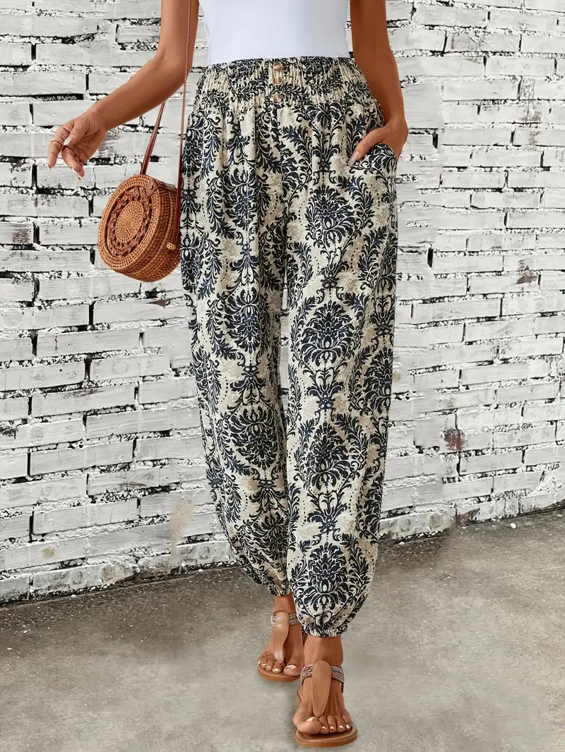 Pantaloni Boho Donna Stampati a Gamba Larga con Vita Elasticizzata