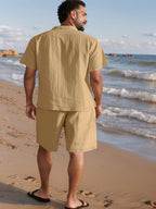 Conjunto de verano para hombre 100 % lino con camisa y pantalones cortos