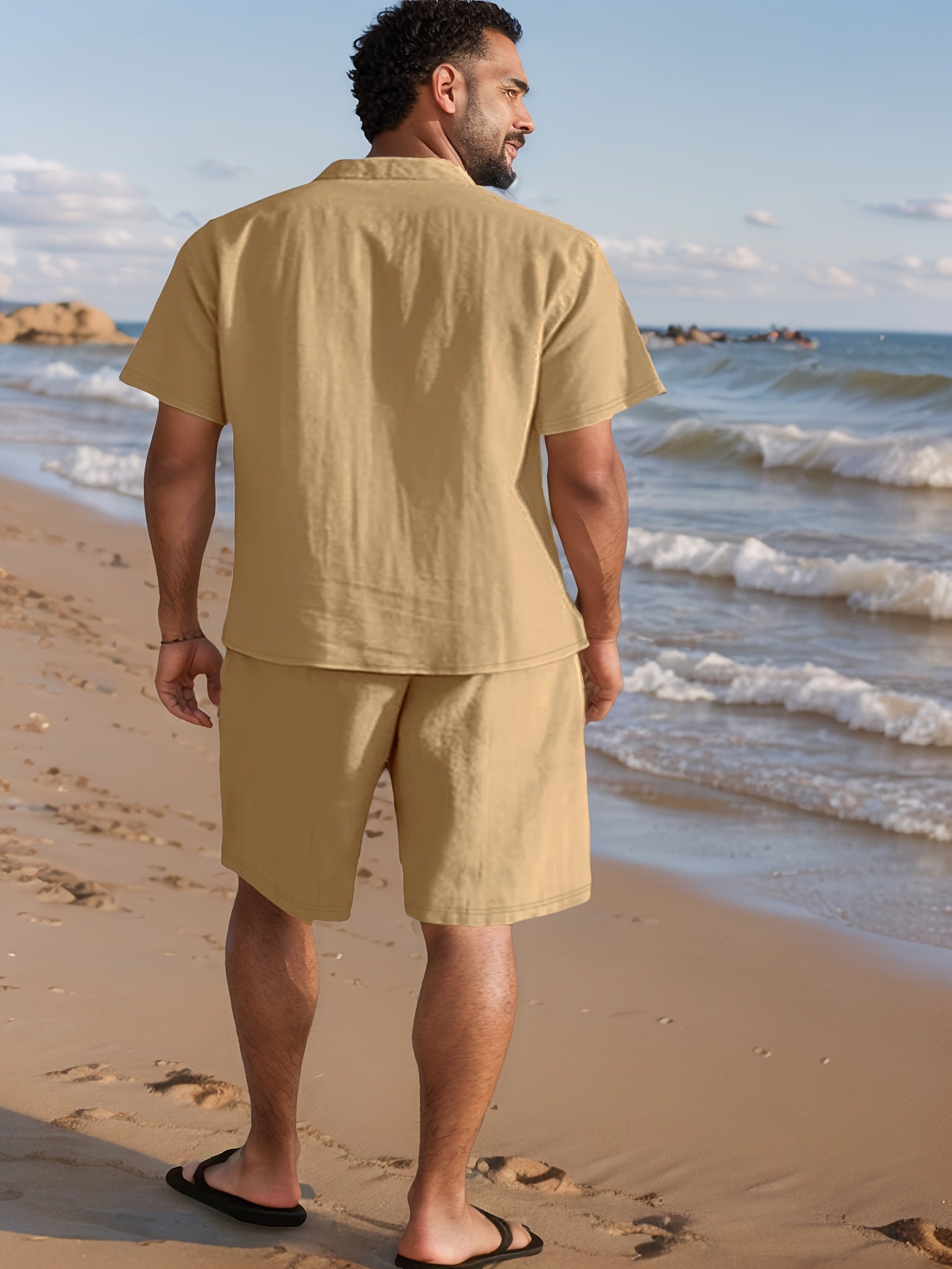 Conjunto de verano para hombre 100 % lino con camisa y pantalones cortos