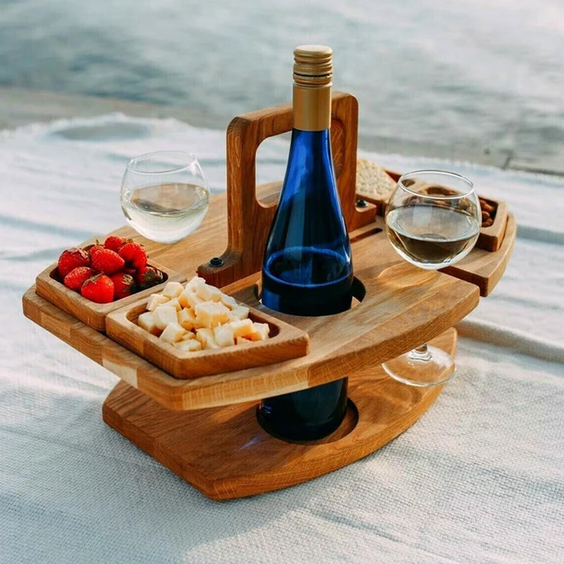 Tavolo da Picnic in Legno Flessibile – Tavolo da Servizio Pieghevole per Esterni con Supporti per Bicchieri e Bottiglie | Attrezzatura Ideale per Picnic in Spiaggia, Parco e Giardino