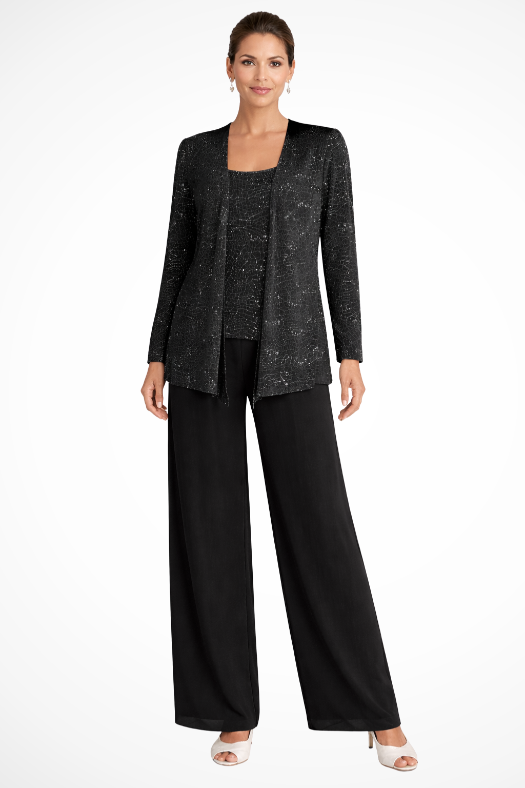 Ensemble trois pièces pour femme avec sequins et pantalon à jambes larges