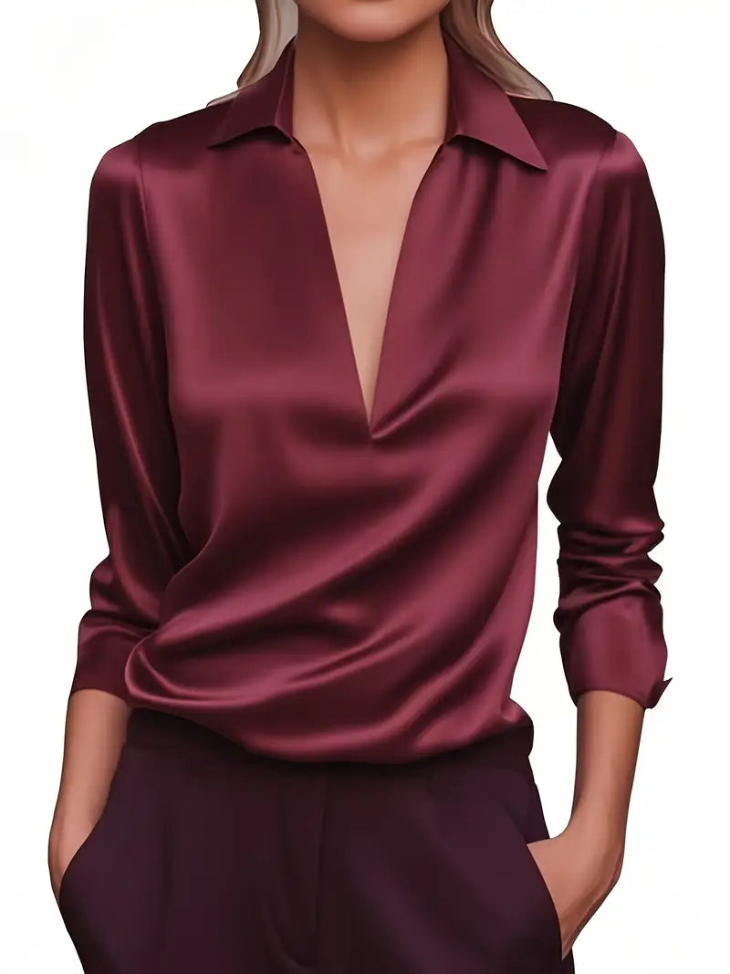 Blouse élégante pour femme en satin avec col en V et col drapé - chemise satinée à manches longues