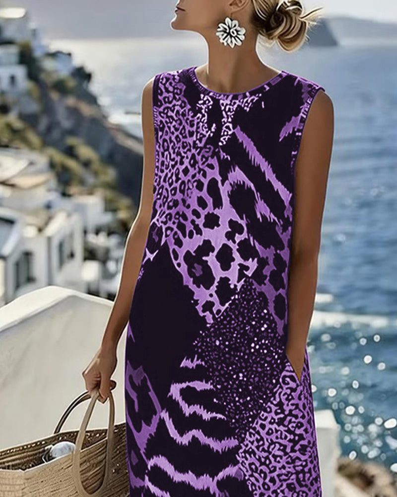 Midi Shift Kjole med Farveblok og Leopardprint