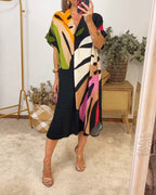 Vestito Midi Shift con Scollatura a V e Stampa Foglie