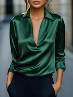 Blouse élégante pour femme en satin avec col en V et col drapé - chemise satinée à manches longues