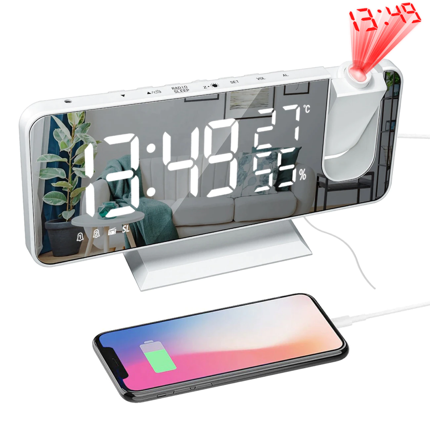 Orologio Alarmur con Display LED - Proiettore a 180° e Caricatore USB