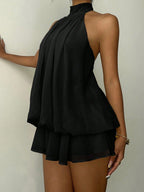Robe courte pour femme en mousseline avec volants et col licou