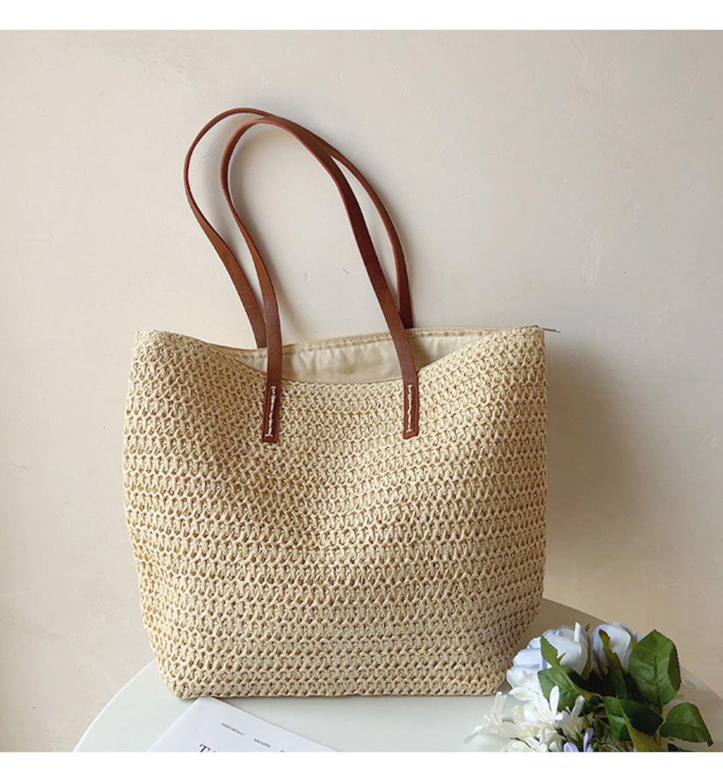Elegant Riet Tote med Læderremme - SummerBreeze