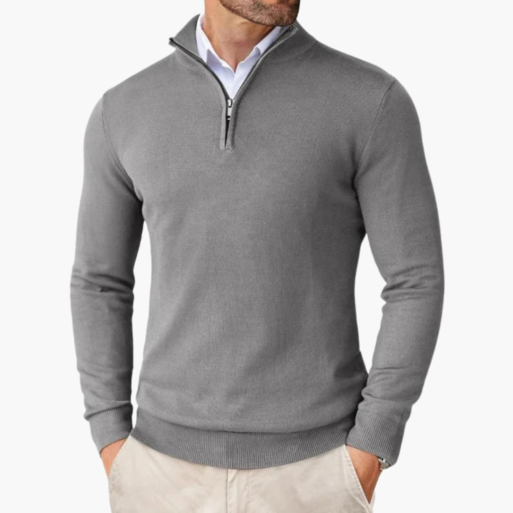 Pullover Uomo in Maglia con Quarto di Zip e Bordi a Coste