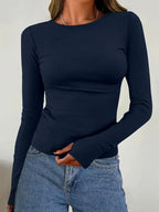 Pull côtelé fin pour femme avec col rond - Coupe ajustée et manches longues