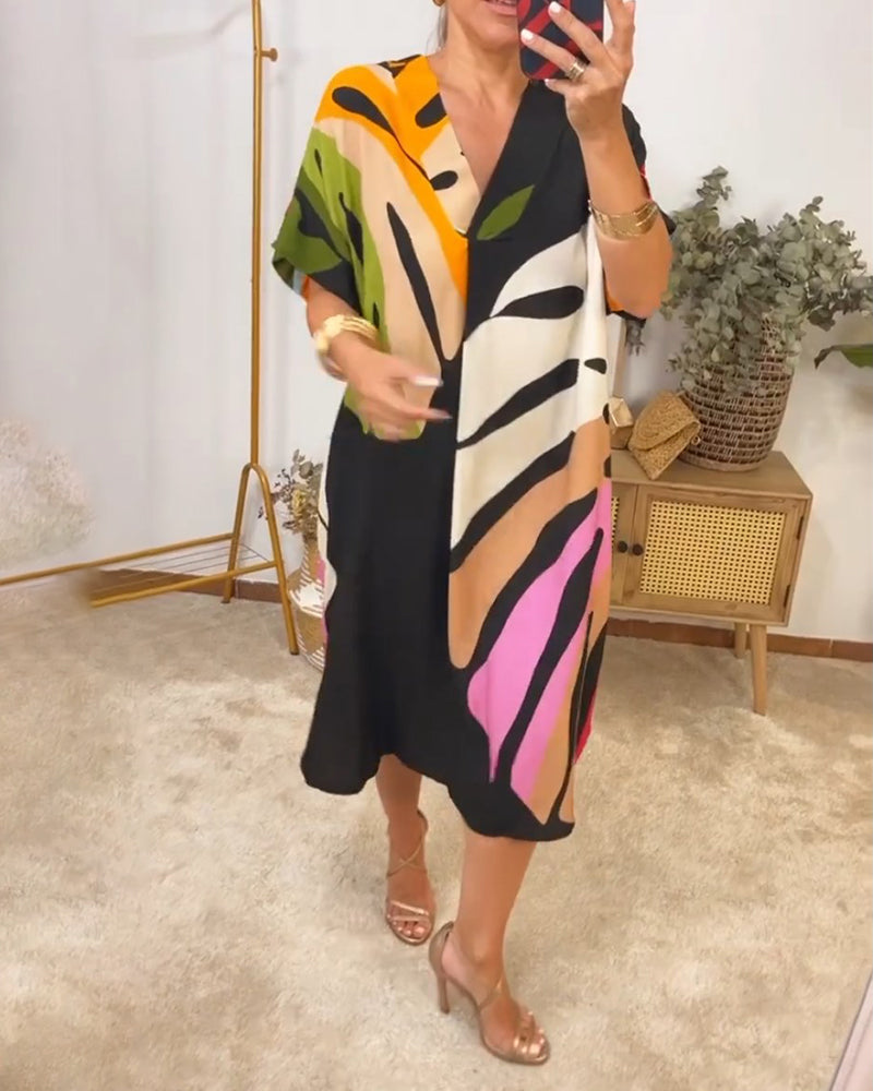 Vestito Midi Shift con Scollatura a V e Stampa Foglie