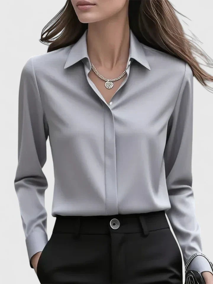 Blusa Elegante Donna in Raso con Maniche Lunghe e Colletto – Camicia Satinata per Ufficio e Look Chic
