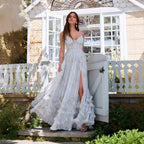 Vestido maxi de mujer, estilo bohemio, con volante y abertura alta