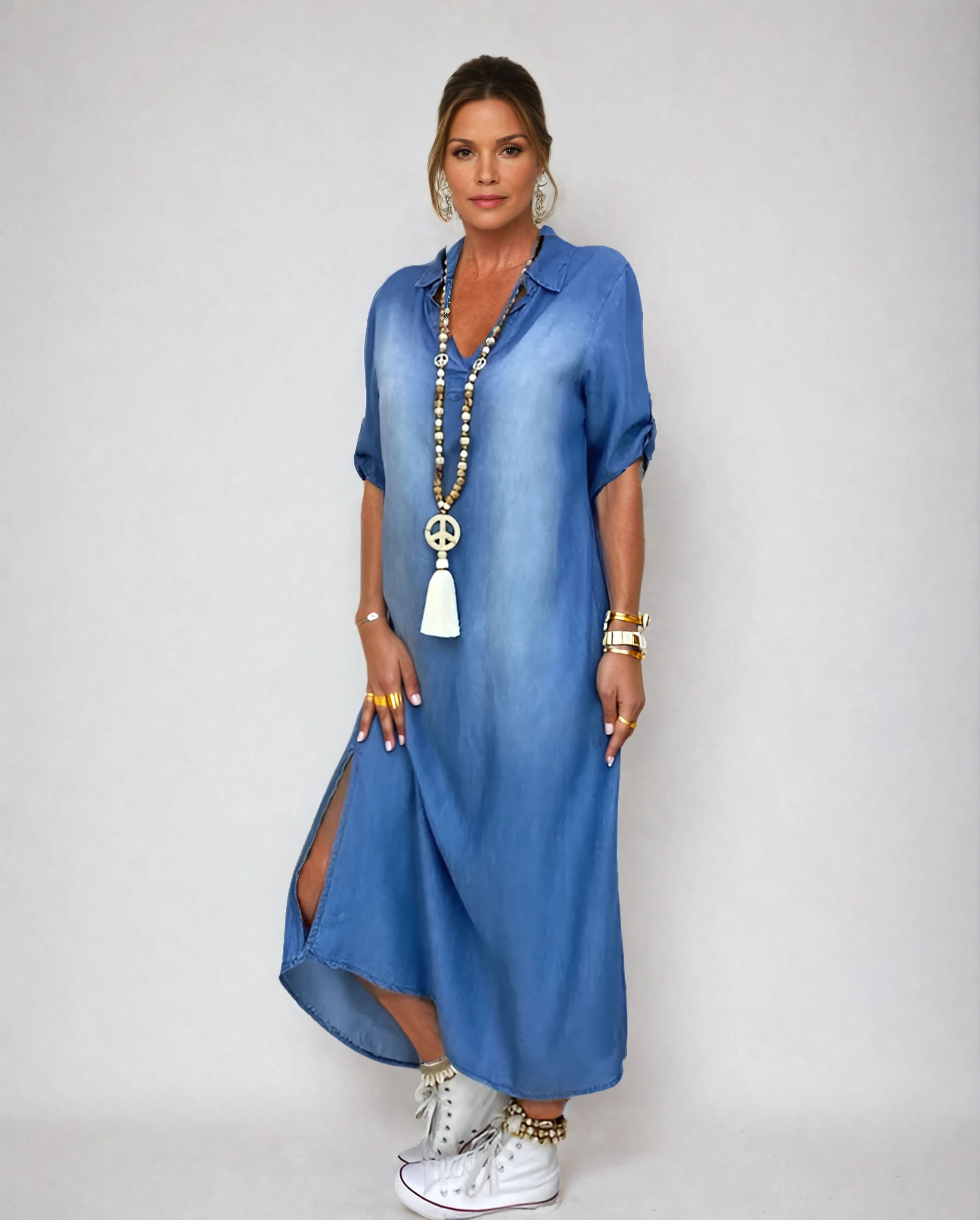 Denim Maxi Kjole Slids Silhuet Sommerstil