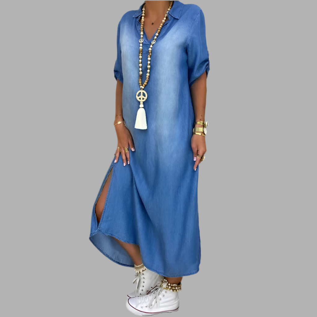 Abito Maxi in Denim con Spacco Silhouette Stile Estivo