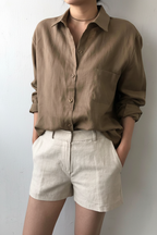 Camisa de lino para mujer con botones y mangas largas