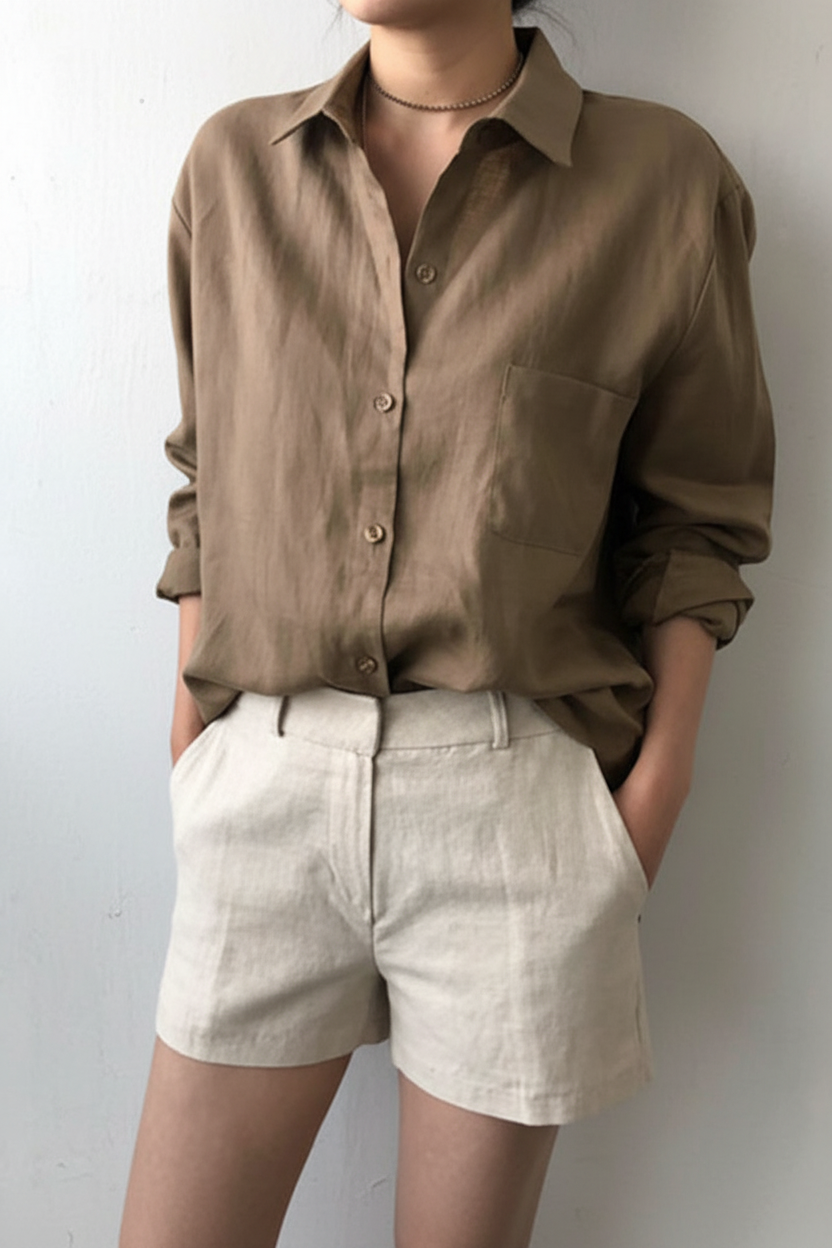 Camisa de lino para mujer con botones y mangas largas