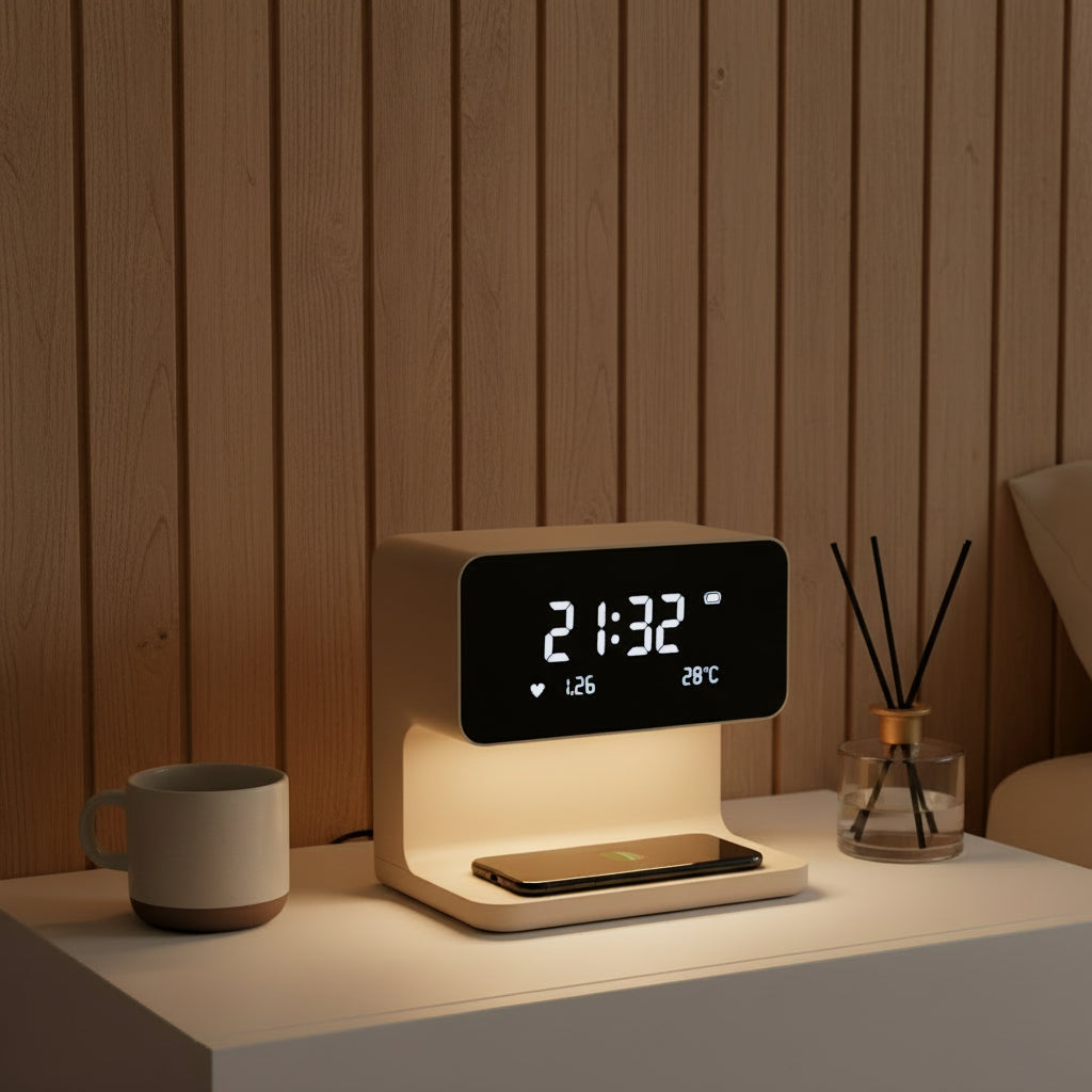 Sengelampe 3-i-1 med Trådløs Opladning – Dæmpbar Touchkontrol og Indbygget Alarmdisplay