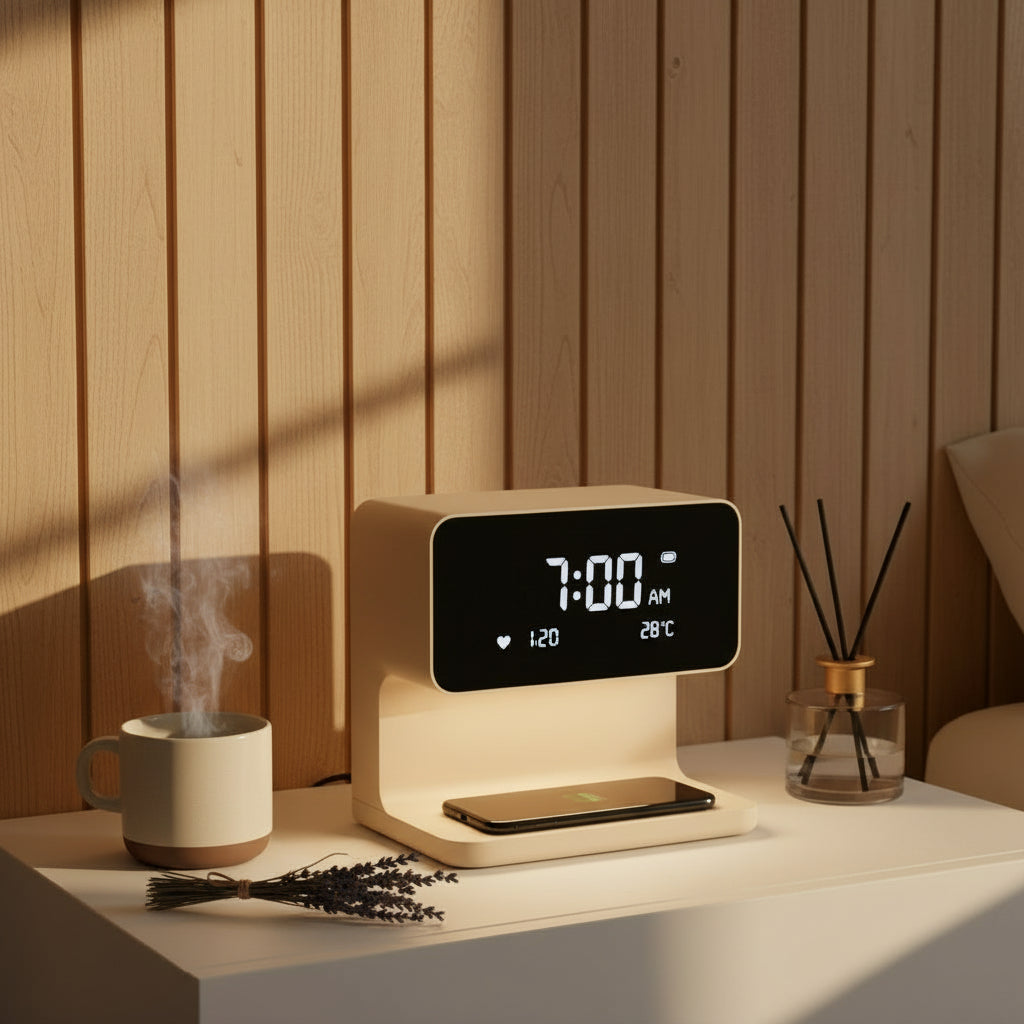 Sengelampe 3-i-1 med Trådløs Opladning – Dæmpbar Touchkontrol og Indbygget Alarmdisplay