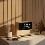 Sengelampe 3-i-1 med Trådløs Opladning – Dæmpbar Touchkontrol og Indbygget Alarmdisplay