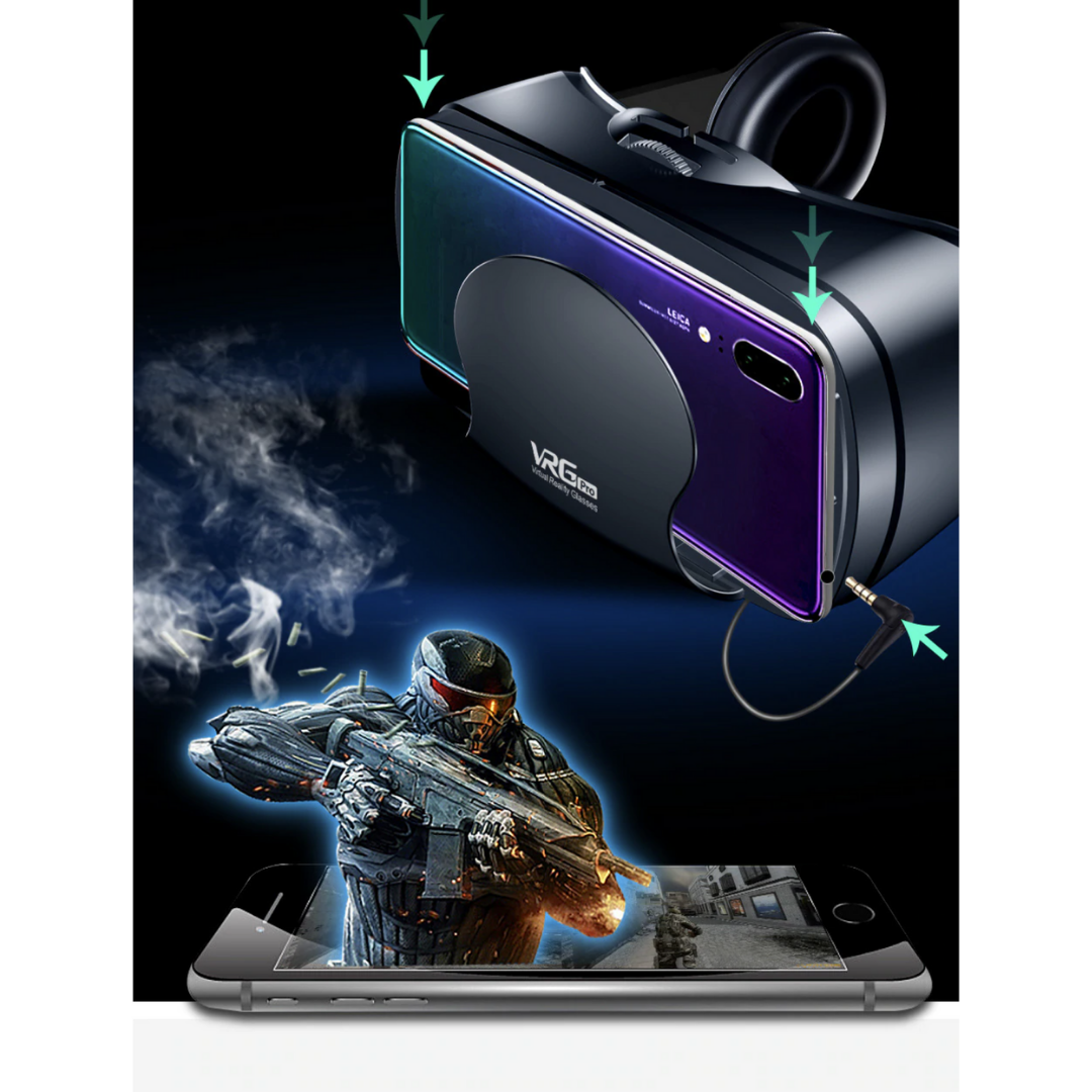 Intelligent VR-headset med indbyggede høretelefoner – Justerbare linser, bredt synsfelt & universel telefonkompatibilitet | Immersiv 3D-oplevelse til iPhone og Android