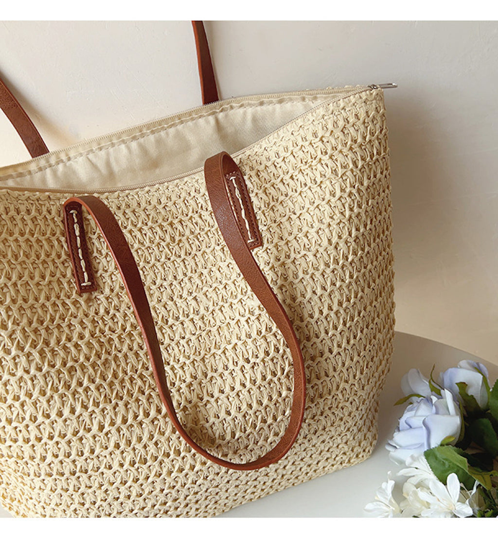 Elegant Riet Tote med Læderremme - SummerBreeze