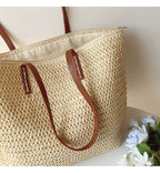 Elegant Riet Tote med Læderremme - SummerBreeze