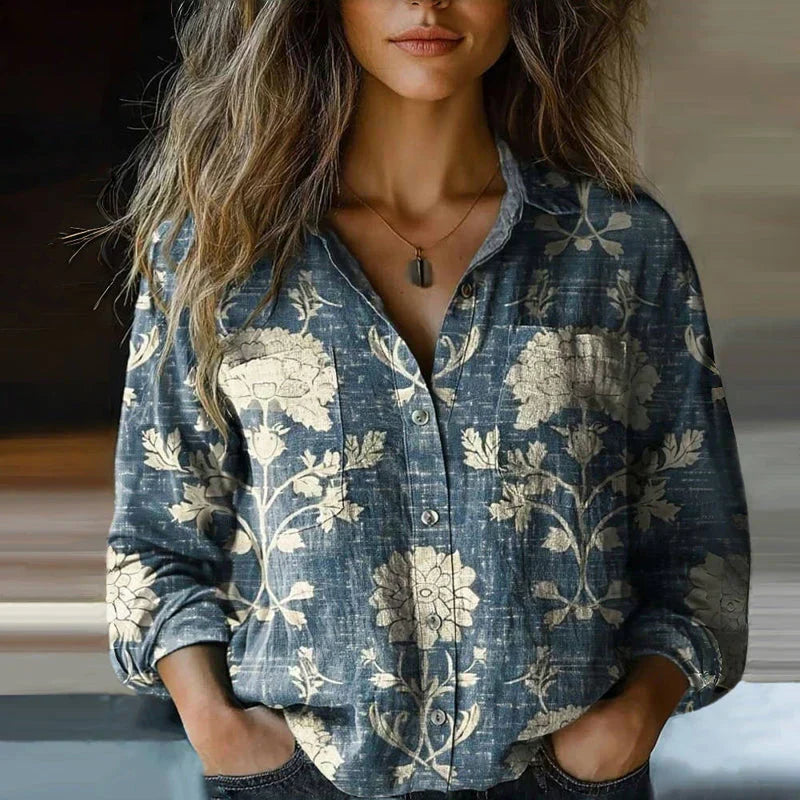 Camicia Donna Stampata con Bottoni e Maniche Lunghe – Eleganza Casual e Vestibilità Comoda