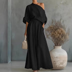 Ensemble femme en lin avec blouse drapée et pantalon large