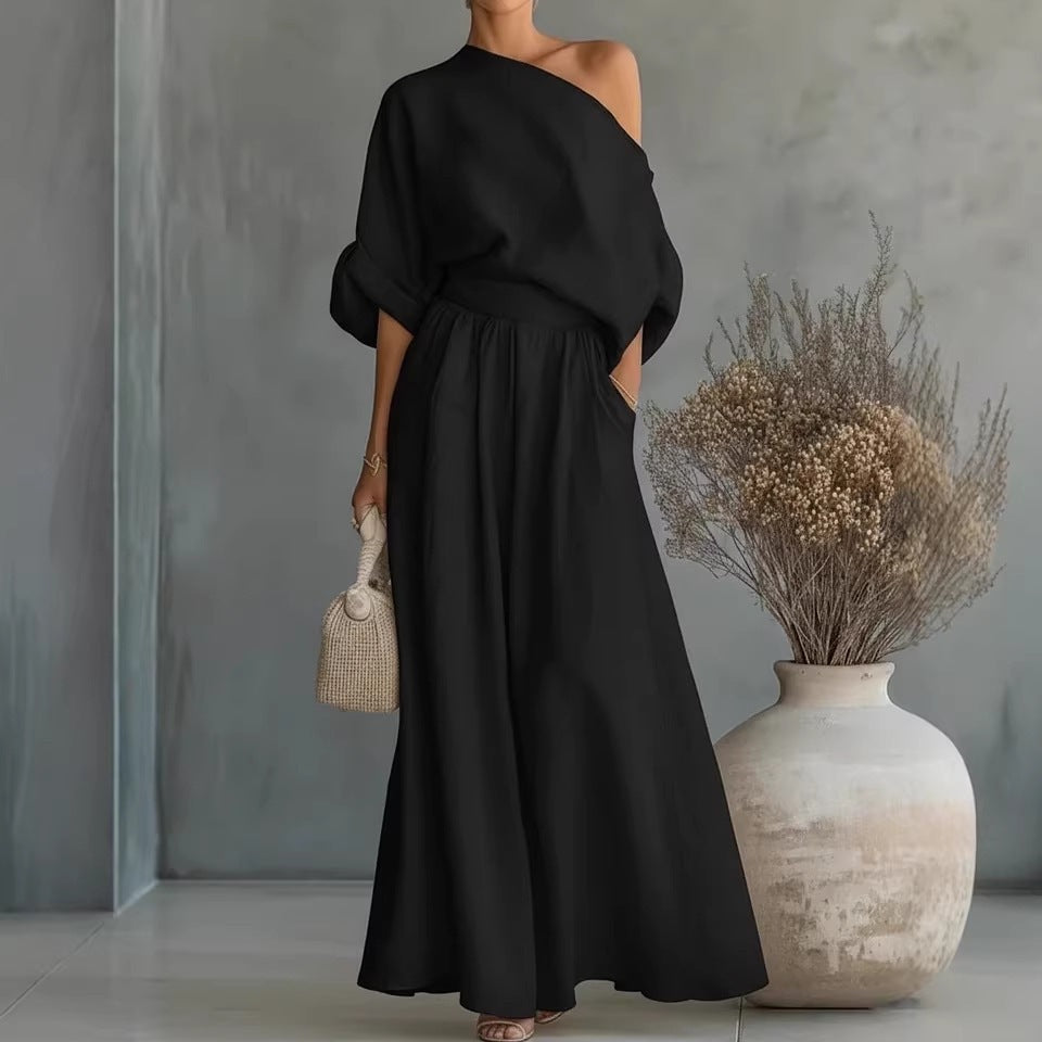 Ensemble femme en lin avec blouse drapée et pantalon large