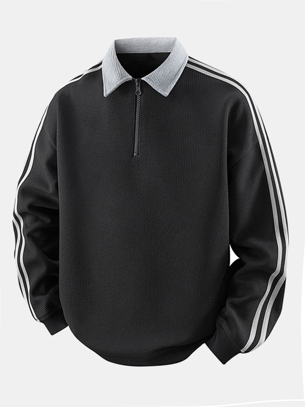 Polo de felpa para hombre con cremallera y textura de nido de abeja – corte cómodo y mangas a rayas